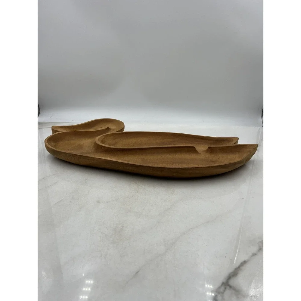 Vintage Wooden Duck Serving Tray 3 Section Nut Dish Hand Carved Philippines Wood